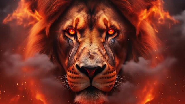 Fiery majestic lion with glowing red eyes ignites the night. Perfect for power, strength, intensity, wildlife, and nature themes.