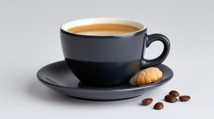 Black ceramic coffee cup and saucer with a small biscuit and scattered coffee beans on a white background