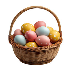 Wicker basket overflowing with colorful polka dot easter eggs isolated on transparent background