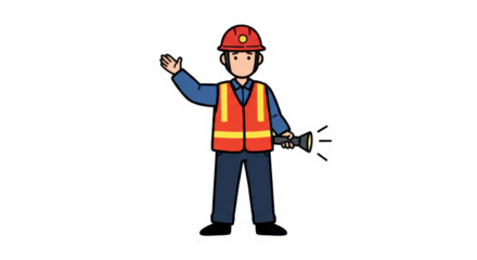 Cartoon Worker with Hard Hat and Flashlight Waving