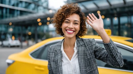Cheerful woman waves goodbye beside a taxi in a bustling urban setting
