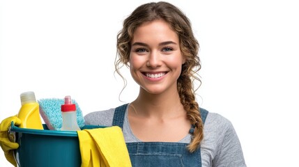 Bright smile of a young woman enjoying a cleaning day with vibrant tools