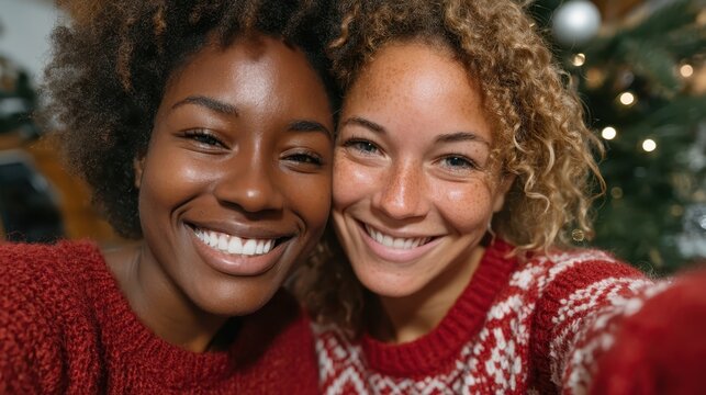 Friends celebrate holiday joy with smiles by the Christmas tree