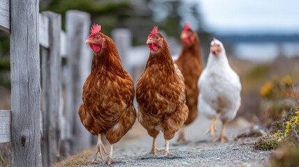 Chickens strolling along a gravel path on a cloudy day
