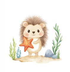 Adorable Watercolor Hedgehog on Beach, Holding Starfish, Cute Coastal Scene Illustration