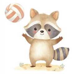 Adorable Raccoon Plays with Beach Ball Watercolor Clipart Fun