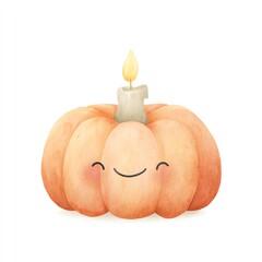 Charming Watercolor Pumpkin with a Lit Candle,Smiling Cheerfully on White Background