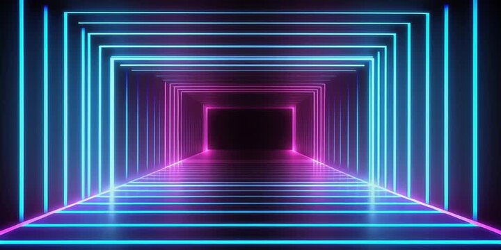 Neon dark stage in empty room: neon lights changing color, spotlights, dark blue, purple, pink - dance floor, gaming stage. Futuristic Laser light tunnel. Abstract background or backdrop zoom in path.