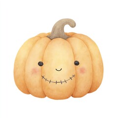 Adorable Watercolor Pumpkin Clipart A cheerful, stitched-smile pumpkin with rosy cheeks, perfect for autumn decorations and Halloween projects.
