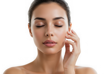 Portrait of a woman with closed eyes touching her face softly on transparent background