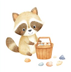 Adorable Watercolor Raccoon Gathering Seashells, a charming illustration of a happy raccoon collecting seashells in a wooden bucket.