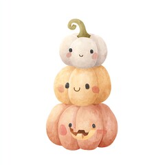 Adorable Watercolor Pumpkins Stacked High,Smiling Faces,Autumn Harvest Cheer