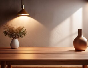 diseno de un cuarto o habitacion con una mesa de madera y una lampara iluminando el cuarto con espacio de copia sencillo y elegante