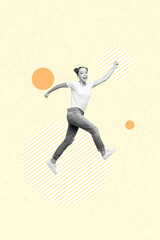 Poster trend collage of person levitate reach on yellow color background with circle shape