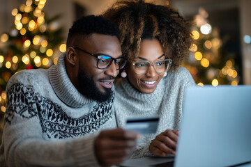 young African Americans couple shopping online during Cyber Monday sale, laptop screen glowing,