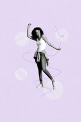 Creative abstract collage of person levitate dance on purple background with geometry shape lines