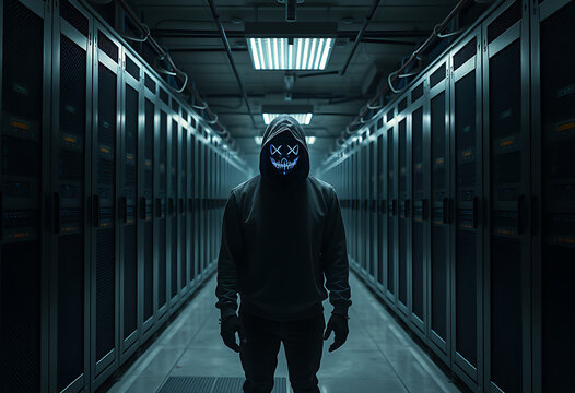 Cybersecurity Threat: Hooded Figure in LED Mask, Dark Server Room, Mysterious, Tense Atmosphere.