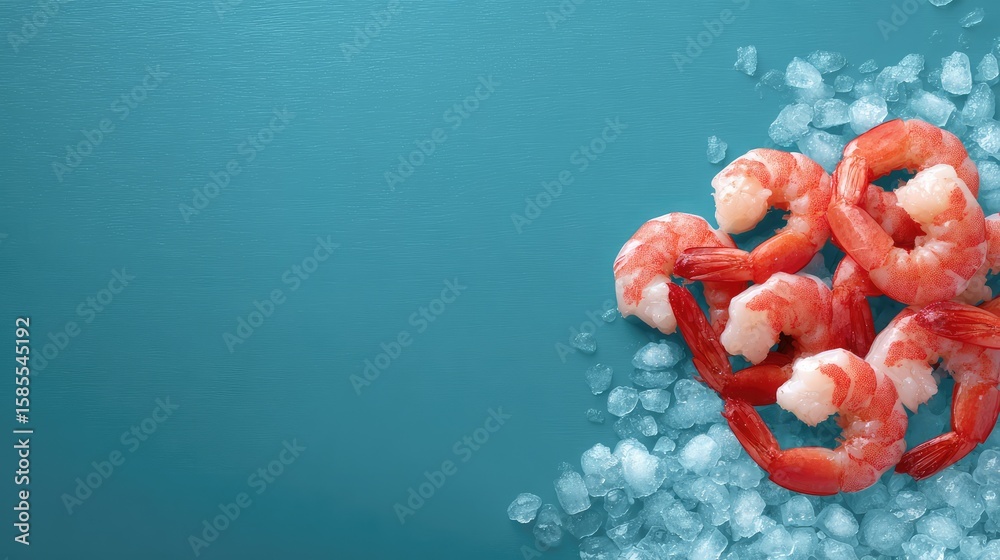 Poster close-up of peeled shrimp arranged neatly on ice with visible frost and space for text layout