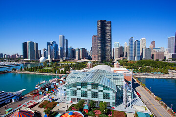 Aerial view of Chicago from it's Navy Pier on the shoreline of Lake Michigan