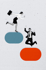 Trend artwork sketch design collage of businesspeople young lady run hurry fast man jump excited...