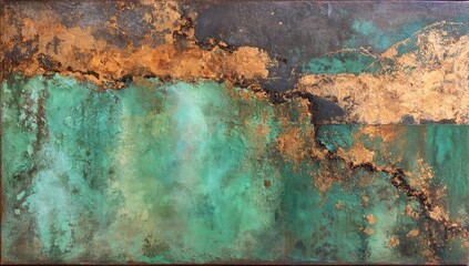 Textured abstract painting with varying shades of copper, teal, and gold