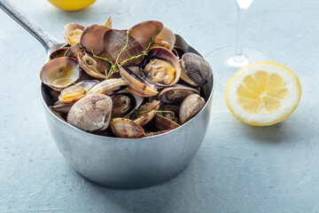 Vongole clams in a saucepan with thyme, lemon, and wine. Seafood sauce, Mediterranean cuisine