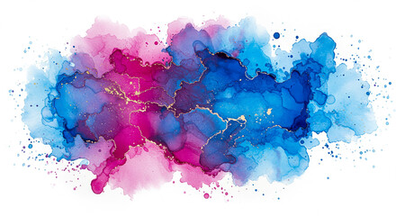 Abstract watercolor splash with pink blue and gold accents on white background