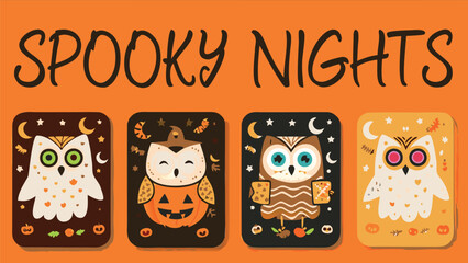 Fototapeta premium Four halloween themed owl illustrations with moons stars and pumpkin on an orange background