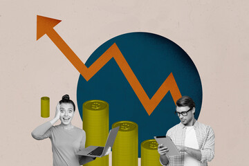 Financial Business Success Collage Showing Happy person With Upward Arrow Symbolizing Money Trading...