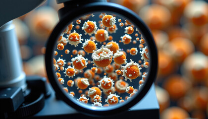 Magnified view of fungal spores showcases intricate details and vibrant textures, evoking curiosity and wonder in microscopic world