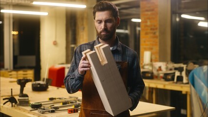 Caucasian carpenter builder wood master man holding wooden craft in workshop joiner worker male...