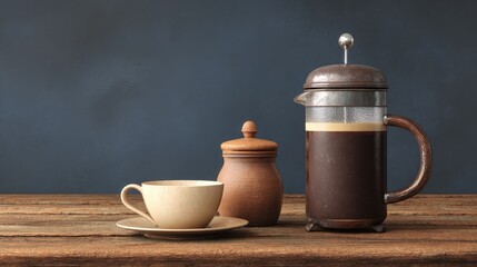 Coffee set including French press, cup, and sugar jar on a rustic wooden table with copy space for overlay