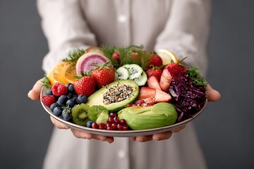 A woman holding a plate filled with vibrant vegan food, showcasing the beauty and health benefits of plant-based eating.