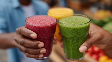 Colorful smoothies shared in vibrant market setting among cheerful friends