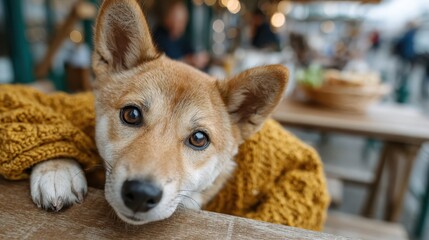 Cozy dog lounging at a bustling outdoor café in cool autumn weather