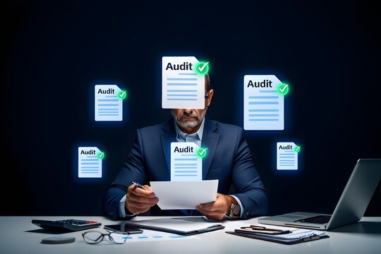 Accountant reviewing audit checklist and verifying compliance with financial documents. Suitable for audit team, financial reporting, and business audit visuals. - Powered by Adobe