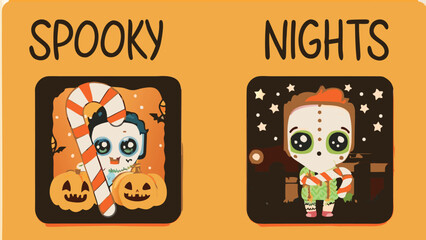 Illustration featuring halloween characters with candy cane and spooky nights text art