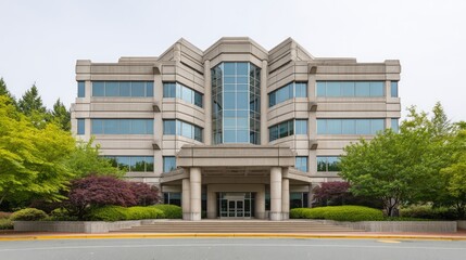 Contemporary business building with multiple levels of windows and balconies, landscaped entryway with empty space