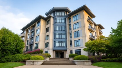 Fototapeta premium Contemporary business building with multiple levels of windows and balconies, landscaped entryway with empty space