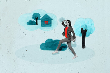 Collage of person house suitcase phone symbolizing relocation moving real estate transition flat...