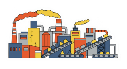 Stylized Industrial Factory Building with Conveyor Belts Illustration