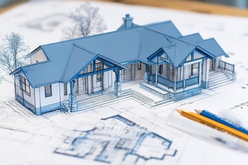 Architectural design model and blueprints illustrate a residential construction project. Ai Generative