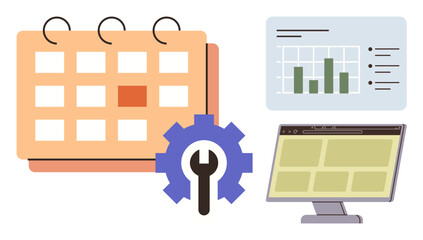 Calendar with highlighted date, analytics bar chart, monitor window, and gear with wrench. Ideal for planning, analytics, productivity, management, workflow strategy and project organization