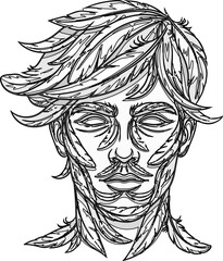 Handsome Man with Feather Beard Abstract Line Art