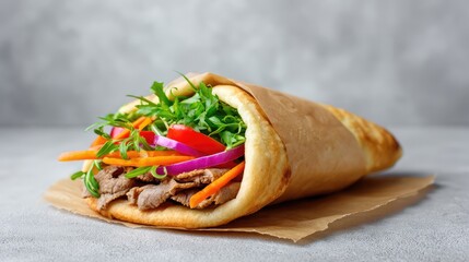Doner kebab wrap placed on parchment paper with sliced veggies and white background