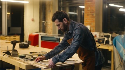Professional pensive Caucasian carpenter guy worker measure hardwood ruler tool builder male...