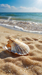 Close up of a large seashell resting on wet sand at the edge of the ocean