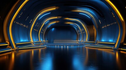 Naklejka premium Futuristic tunnel with blue and gold lighting