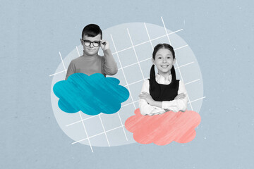 Art sketch image vertical collage of two happy classmates girl boy peek cloud communication class...