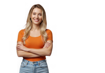 Smiling woman with crossed arms wearing orange shirt and jeans on transparent background
